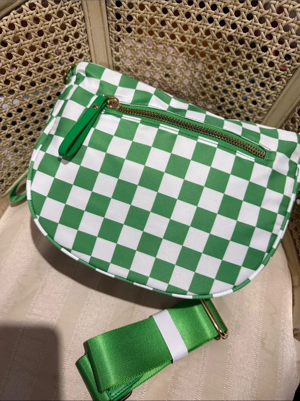 Bum Bag Green and White Checker Crossbody Bag with Adjustable Strap